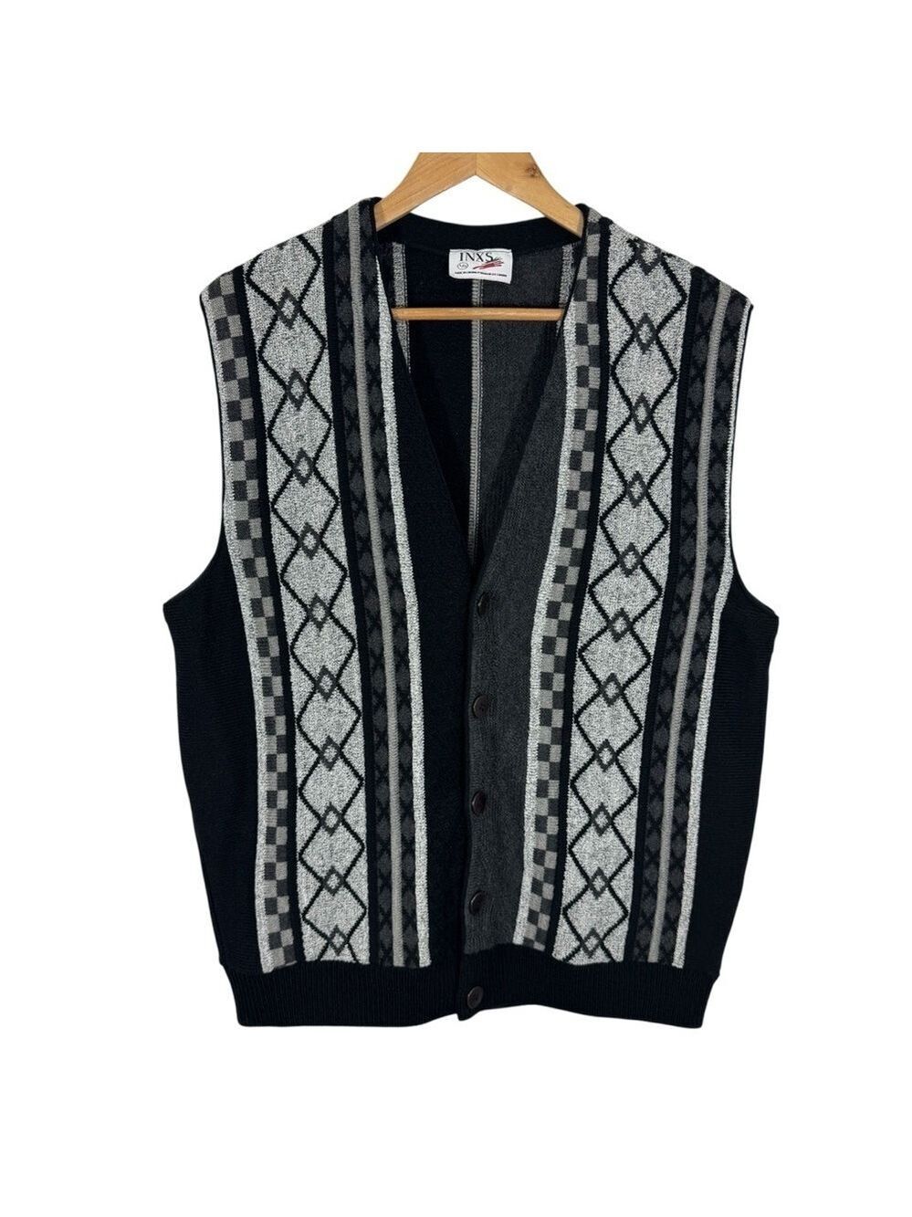 INXS Vintage 90s Sweater Vest Mens L Dark Neutrals Button Front Sleeveless EUC